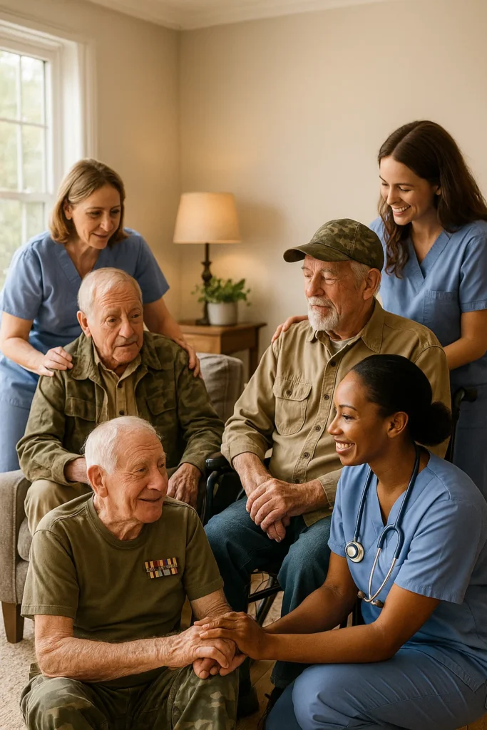Healthcare workers engaging with elderly veterans in a warm, supportive setting.