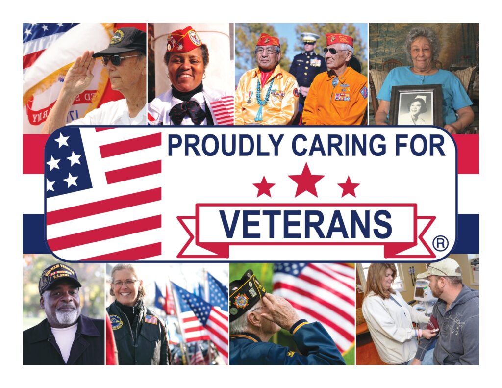Collage showcasing veterans and caregivers with patriotic themes.